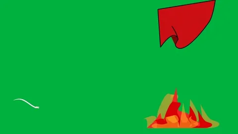 Animated 2d character two eyes red play button and campfire on green. Video stock 310121416