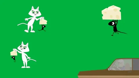 Animated 2d character white cat white dog and cheese on green screen. Stock Footage 310121618