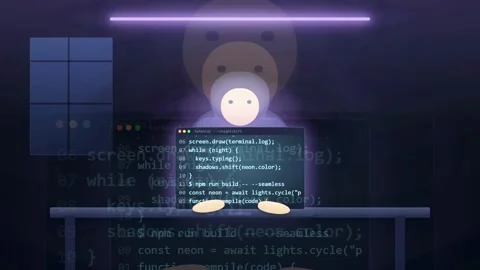 Animated 2D Flat Illustration of a Programmer Coding on a Laptop in a Dark Room Stock Footage 341834293