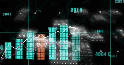 Animated 3D bar chart emerging after pulsing binary sweep, updating currency Stock Footage 329551091