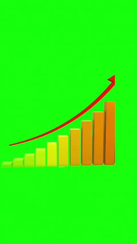 Animated 3D bar graph with rising red arrow on green screen background Stock Footage 329671576