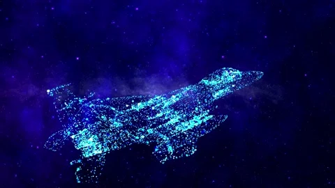 A animated 3d blue print model of a fighter jet in Space Stock Footage 134317398