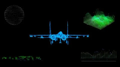 A animated 3d blue print model of a fighter jet in Space Stock Illustration