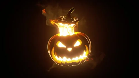Animated 3d burning pumpkin with scary face, wicked jack lantern is on fire, Stock Footage 210458976