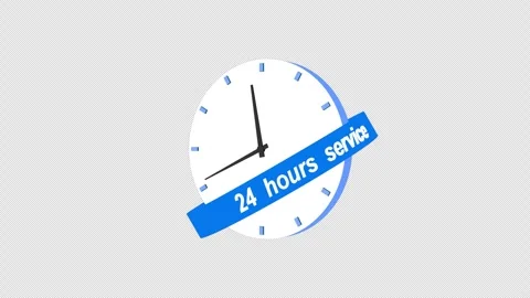 Animated 3d clock with 24 hours service rotation text Stock Footage 303427619