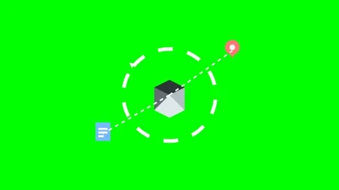 Animated 3D cube motion graphic with location pin and data document on green Stock Footage 339925184