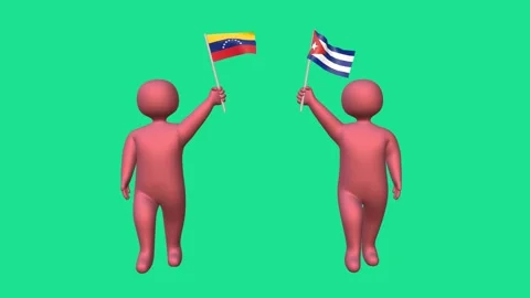 Animated 3D figures raising Cuba and Venezuela flags on green Stock Footage 320353179