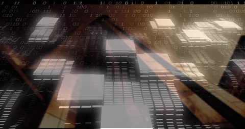 Animated 3D grid showcasing floating lit panels streaming binary code with Stock Footage 309156232