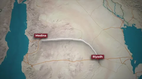 Animated 3D Map Car Driving Route from Riyadh to Medina Saudi Arabia Stock Footage 341877907