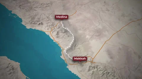 Animated 3D Map Car Journey from Medina to Makkah Stock Footage 342047193