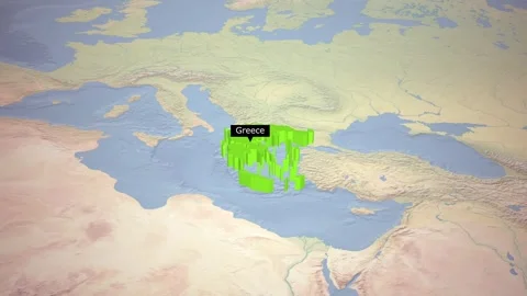 Animated 3D map highlights greece in vibrant green, zooming in from a high-.. Stock Footage 325696159