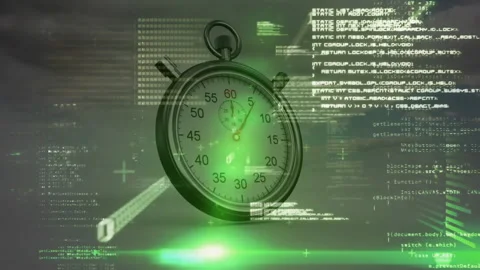 Animated 3D mechanical stopwatch floating over digital grid, showing scrolling Stock Footage 307885643