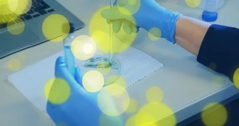 Animated 3D render showing gloved hands using pipette transferring blue solution Stock Footage 307442133