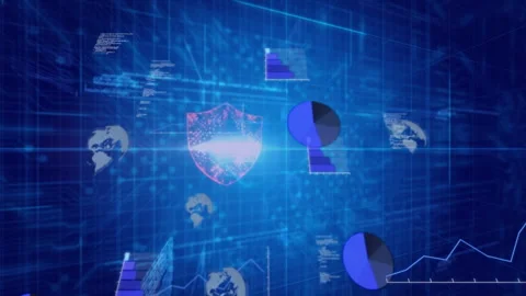 Animated 3D render showing holographic shield glowing with cybersecurity charts Stock Footage 308046208