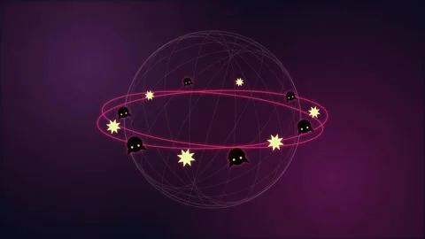 Animated 3D sphere with orbiting glowing rings and stars loop Stock Footage 345344446