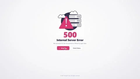 Animated 500 internal server error page with retry button interaction. 4K 스톡 동영상 348234595
