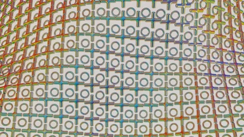 Animated abstract background from moving rows of chrome-plated crosses and tori. Video stock 158149878