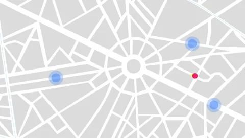 Animated abstract city map with pulsing blue circles indicating moving cars and Stock Footage 321053671