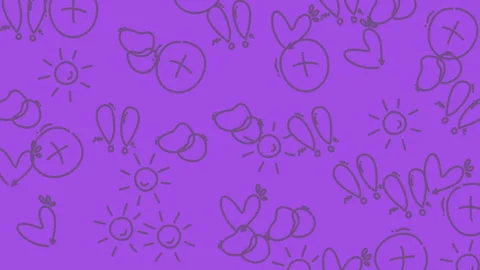 Animated Abstract purple backdrop featuring simple doodle sun and heart patterns 스톡 동영상 346470014