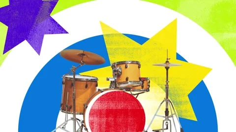Animated ad. Drums stand powerful on colorful exploding stars background with Stock Footage 313038464