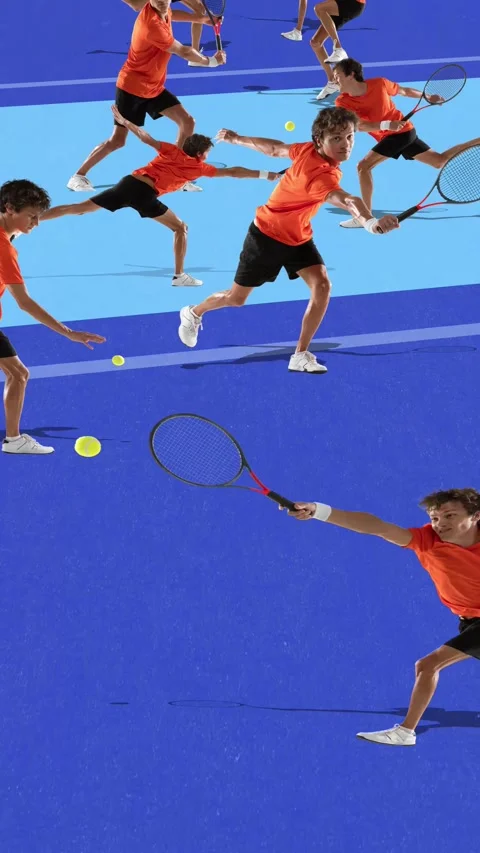 Animated ad. Multiple action sequence of male tennis player in orange shirt on 動画素材 317095672