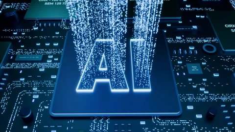 Animated AI processor, artificial intelligence unit on a motherboard, big data. Stock Footage 310046899