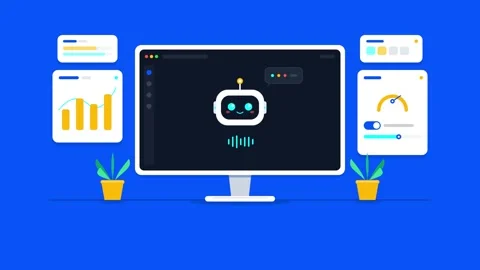 Animated AI Robot Assistant on Computer Screen with Data Interface Stock Footage 347089241