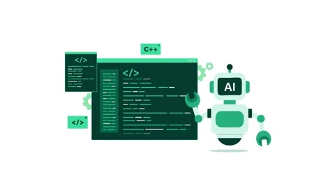 Animated AI Robot Assisting Coding in C++ Programming Language Vídeo Stock 347272738