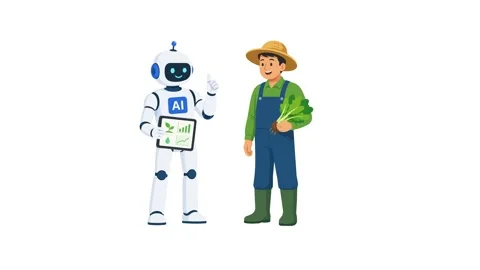 Animated AI robot assisting a farmer holding vegetables. Concept of smart f.. Stock Footage 340300496