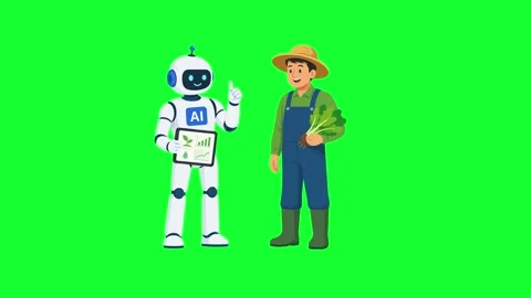 Animated AI robot assisting a farmer holding vegetables. Concept of smart f.. Stock Footage 340300499