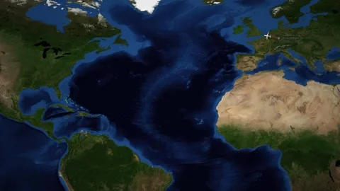 Animated Airplane Flight Path Across Atlantic Ocean from Frankfurt to Miami Stock Footage 335738195