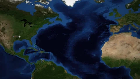 Animated Airplane Flight Path from Dallas Texas to Paris France Stock-Footage 340374474