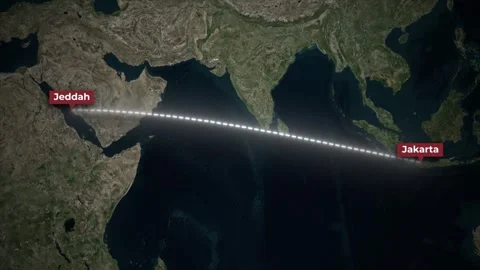 Animated Airplane Flight Path from Jeddah to Jakarta on Satellite Map Stock Footage 340421311
