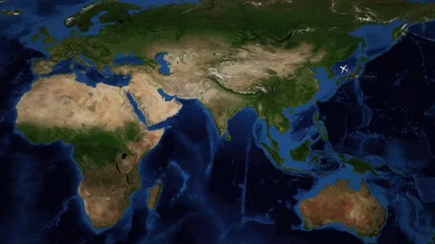 Animated Airplane Flight Path from Tokyo to Munich on World Map Stock Footage 346591383