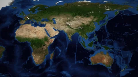 Animated Airplane Flight Path Tracking Route from London to Brisbane Australia Stock Footage 345042042