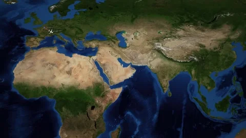 Animated Airplane Flight Path Tracking Route from Paris to Bangkok Stock Footage 347710769