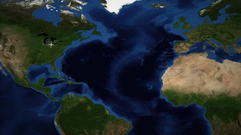 Animated Airplane Flight Route Map from Chicago to Amsterdam Over Atlantic Stock Footage 335909010