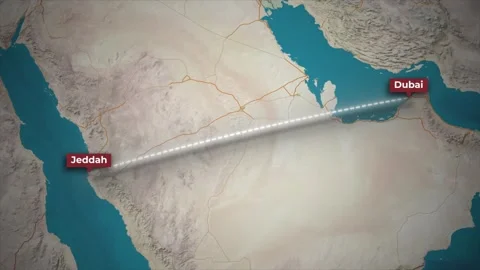 Animated Airplane Flight Route Map from Jeddah to Dubai Stock Footage 340354481