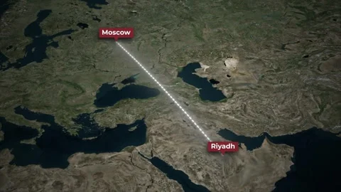 Animated Airplane Flight Route from Riyadh to Moscow on Satellite Map Stock Footage 339612019
