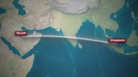 Animated Airplane Flight Route from Riyadh to Singapore on Topographic Map Stock Footage 340027150