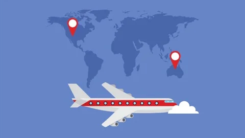 Animated airplane flying over world map with location markers for travel an.. Stock Footage 339080677