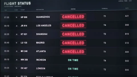 Animated airport flight status board with cancellations Stock Footage 344125947