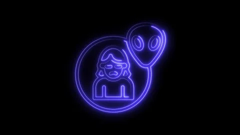 Animated alien encounter with scared woman icon glows with bright purple ne.. Stock Footage 312310079