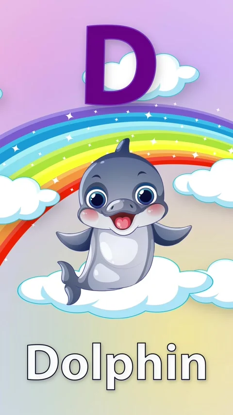 Animated Alphabet Letter D with Cute Cartoon Dolphin and Rainbow Stock Footage 341907202