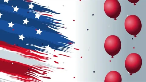 Animated american flag in motion with red balloons and confetti celebration. Stock Footage 333303079