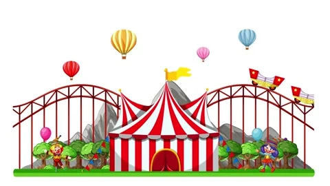 Animated Amusement Park with Roller Coaster and Circus Tent on White Background Stock Footage 331191289