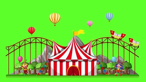 Animated Amusement Park with Roller Coaster and Circus Tent on Green Screen Stock Footage 334706360