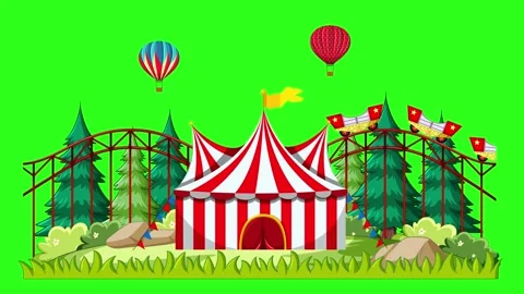 Animated Amusement Park with Roller Coaster and Circus Tent on Green Screen Stock Footage 335682001