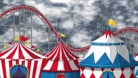 Animated Amusement Park Scene with Rain Falling on Circus Tents Stock Footage 340194940