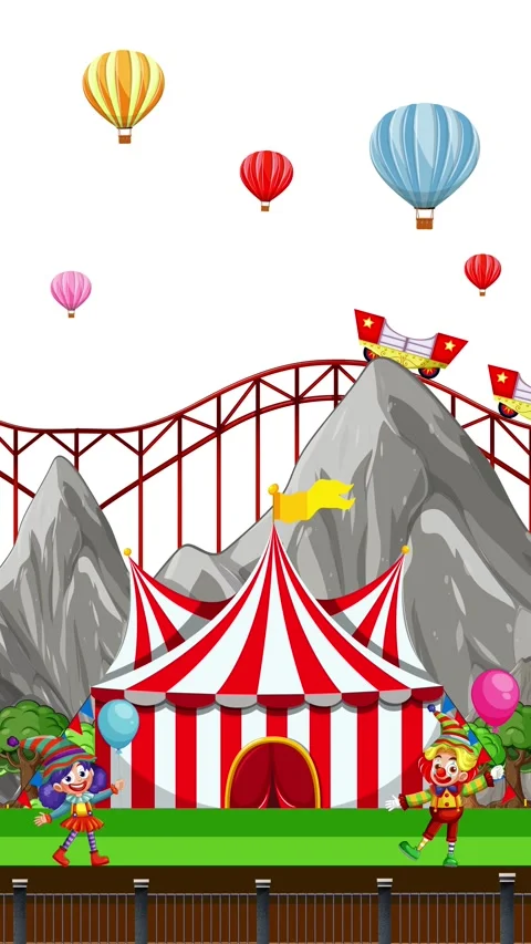 Animated Amusement Park Scene with Roller Coaster and Circus Tent Stock Footage 332964654